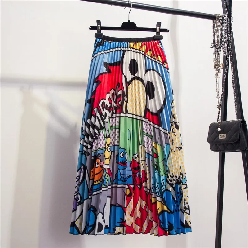 LAUZUOLA Spring Autumn Printed Cartoon Skirt Midi High Street Party Holidays High Elastic Quality Long Pleated Skirts Womens - Цвет: 005