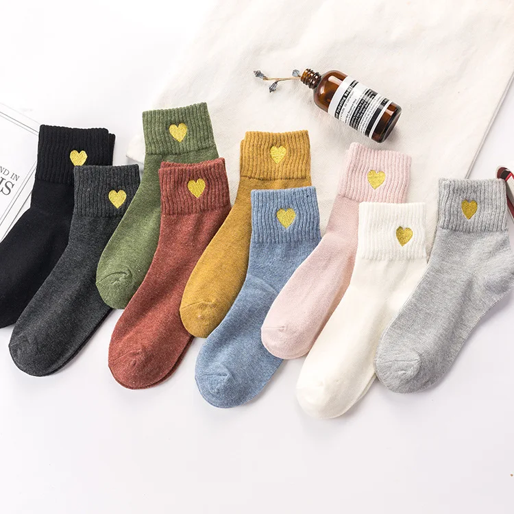 

Women Short Socks Gold Thread Embroidery Heart Cute College Fresh Female Socks Soft Cotton Autumn Winter Girls Sock