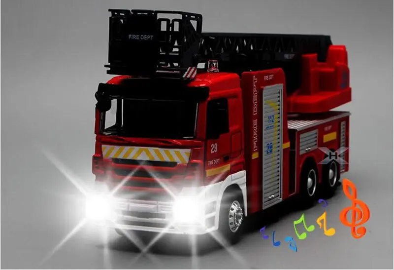 

[Funny] 1:32 Lift ladder fire fighting truck toy Firemen open door light and sound alloy car model kids child gift Traffic toy