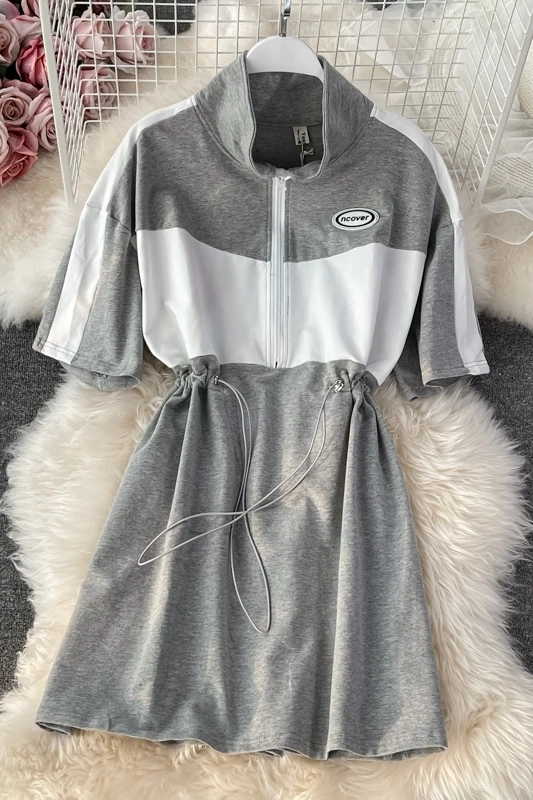 

2021 new loose waist contrast color stitching casual dress summer fashion ladies style mid-length sweater dress