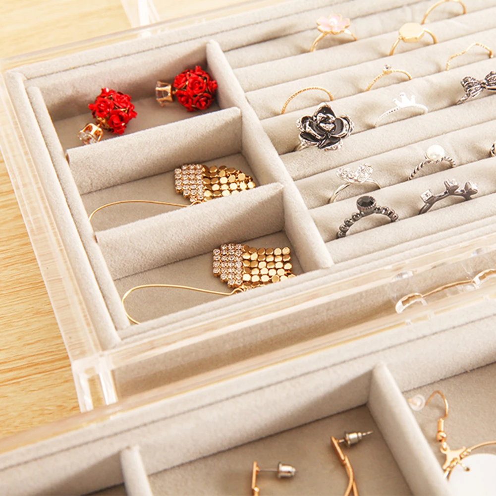 

Clear Jewelry Box Acrylic Velvet Jewelry Organizer for Women with 3 Drawers Ring Earring Necklace Bracelet Holder Display Stand