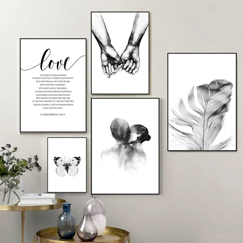

Love Quote Black White Prints Girl Wall Art Poster Beauty Feather Canvas Art Wall Picture Painting Modern Home Decor HD3124