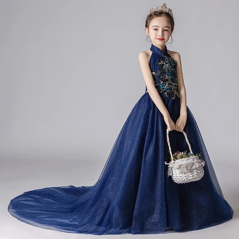 

Navy Blue Evening Dresses Long Luxury 2021 Party Gown for Child Girls Formal Wear Clothing Sleeveless A-Line 3 6 8 10 12 14 Year