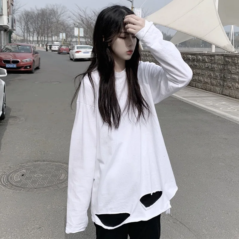 

Autumn New Women's Loose Harajuku Port Wind Hole Solid Color Long-sleeved T-shirt Female Student Bottoming Shirt Top