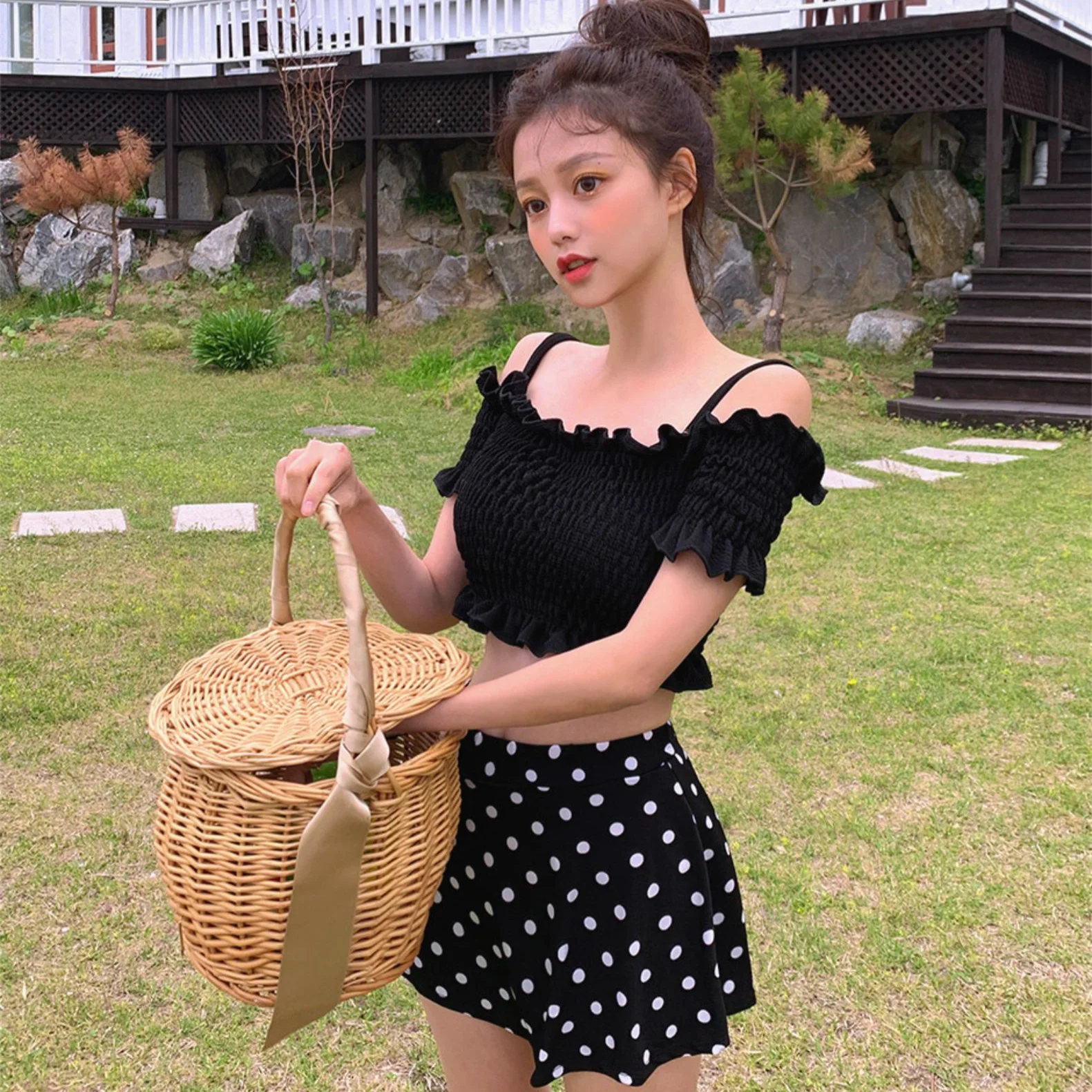 Купальник Новый стиль пузырьки Горячая весна черный Polkadot бикини маленький бюст