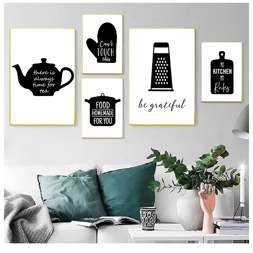 Кухонная посуда, настенная Картина на холсте, кухонные постеры с цитатами и принтами, черные и белые настенные картины, украшение для кухни