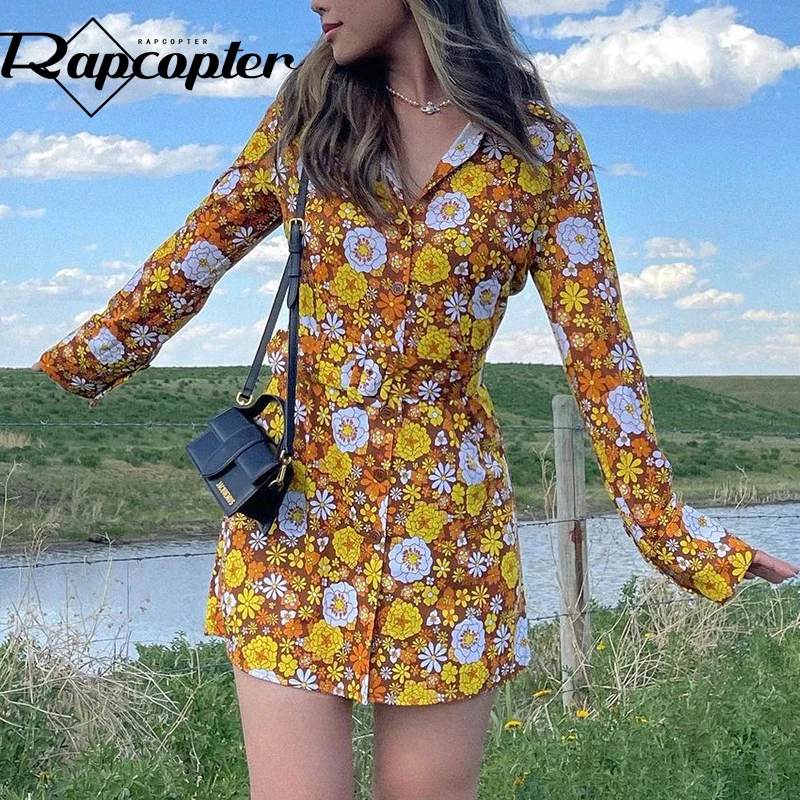 Rapcopter Floral Long Sleeve Mini Dress Turn Down Collar Shirt Dress Women...