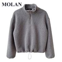 molan woman lamb woolly hoodie new fashion zipper collar waist tight band long sleeve solid pullvercoat female chic warm top