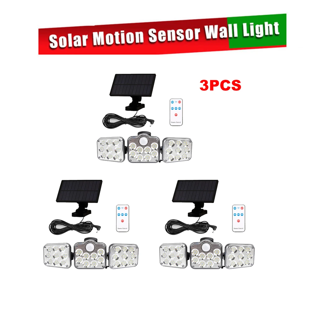 

138 led remote seperable Outdoor 3 Head Motion Sensor Lamp Solar Light Flood Light Solar Panel Wall Lamp Decor Light 5M cable