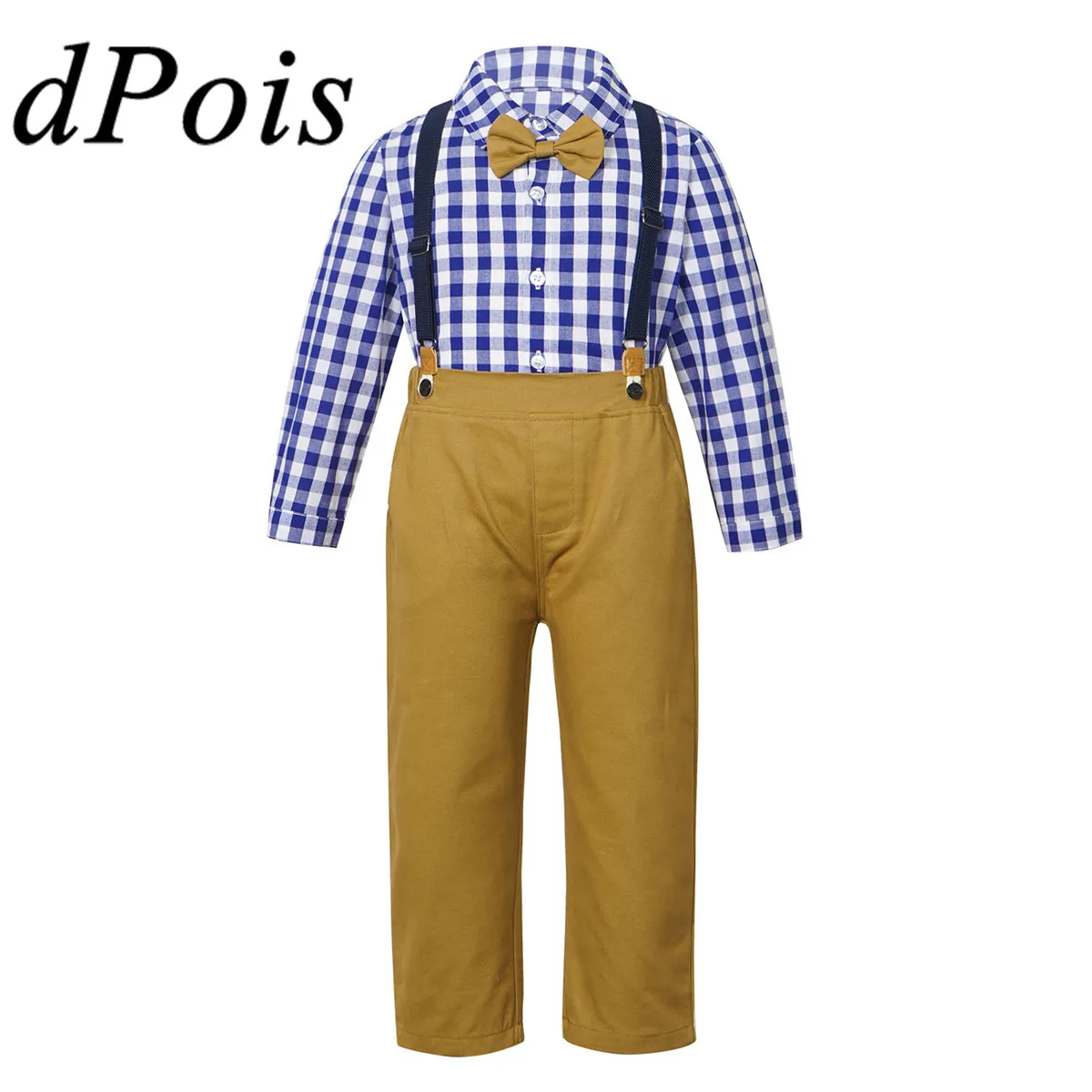 

2Pcs Kids Boys Party Suits For Boy New Year Costume Child Outfits Gentleman Bowtie Long Sleeve Plaid Shirt + Suspender Pants