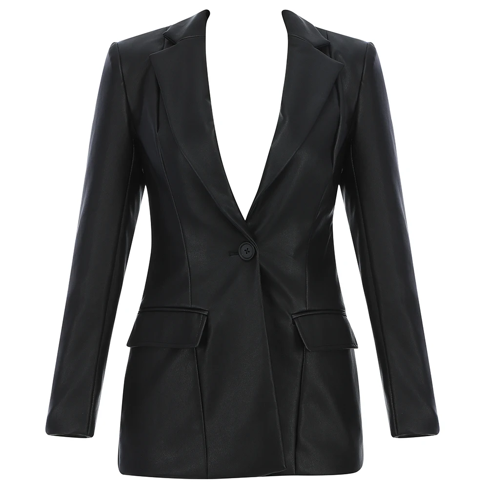 

Women Fashion 2020 Sexy Long Sleeve Single Button Backless Celebrity Black Leather Blazer Coat Designer Outwear Jacket Coat