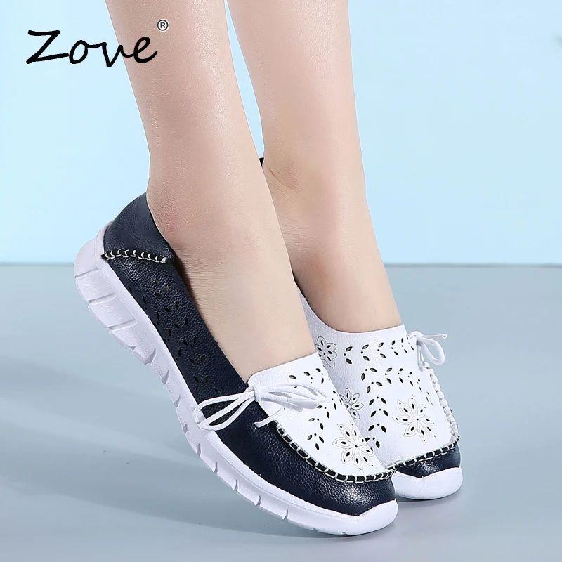 Женская обувь на плоской подошве ZOVE кожаные лоферы без шнуровки с вырезами