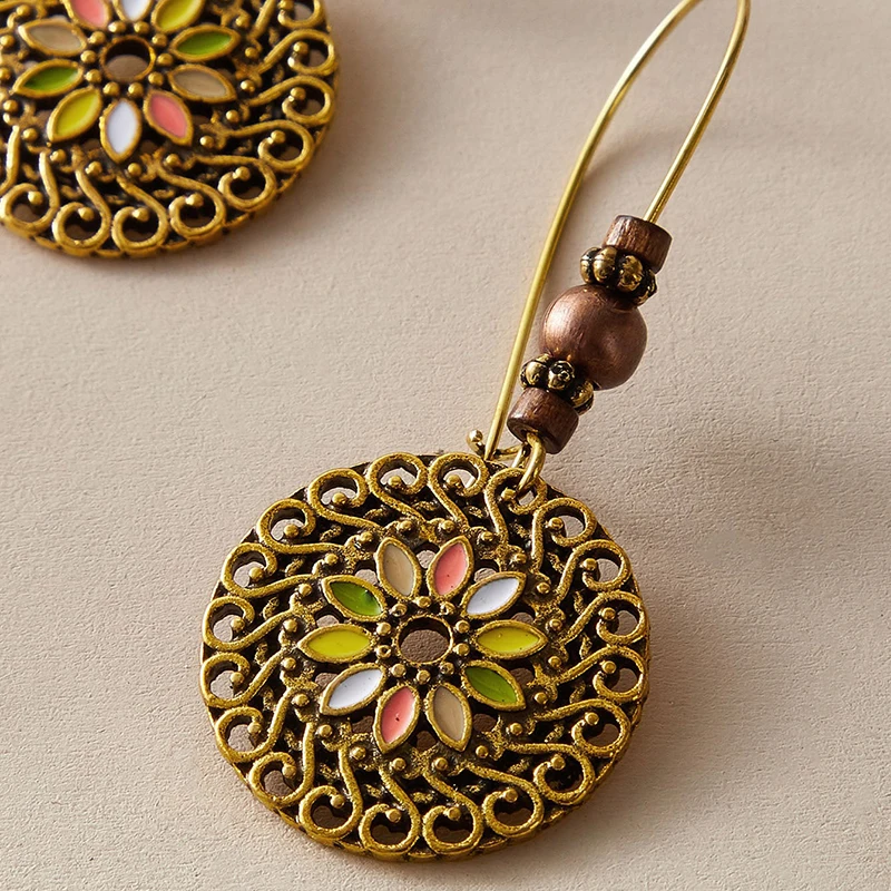 

HuaTang Vintage Carving Flower Drop Earrings for Women Geometric Hollow Bronze Color Ear Hanging Ladies Party Jewelry Brincos