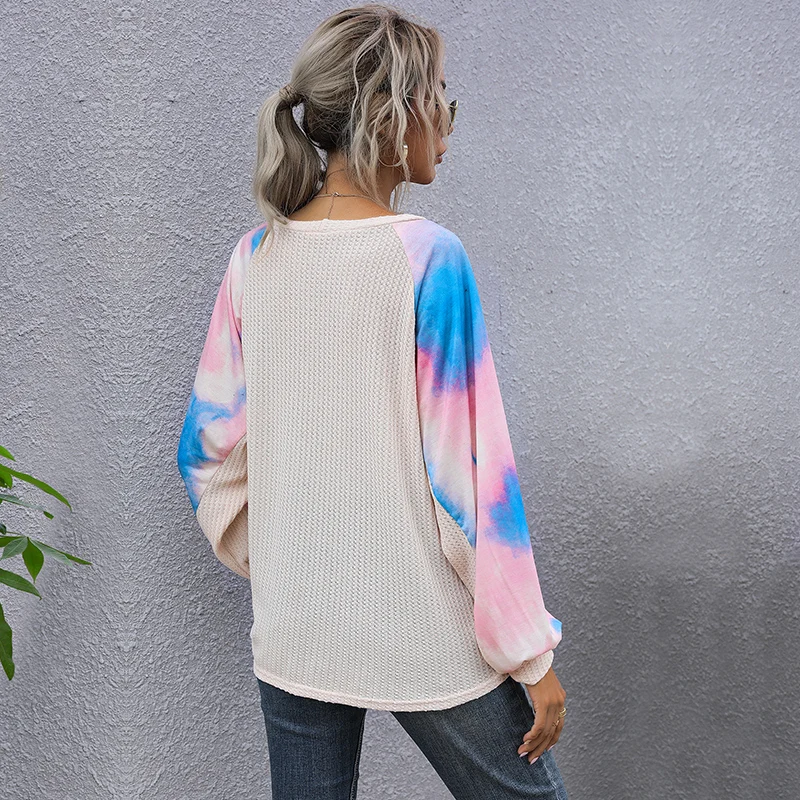 

JFUNCY Women's Knit T-shirts O-Neck Casual Tshirt 2021 Spring Long Sleeve Tie-Dye Print Streetwear Oversize Female Loose Top