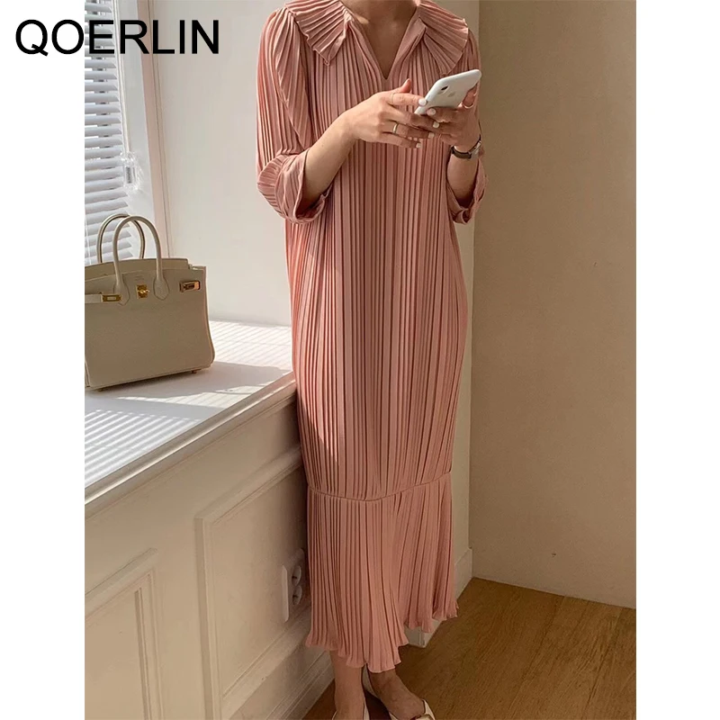 

QOERLIN Korean Style Lapel Fishtail Long Dress Half Sleeve Loose Casual Straight Pleated Dress Fashion Romantic Vestidos Mujer