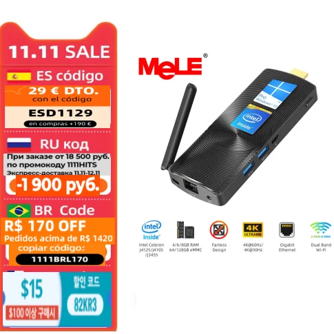 

Мини-компьютер MeLE Intel Celeron J4125, 4 ядра, DDR4, 8 ГБ ОЗУ, 128 ГБ eMMC, 4K, безвентиляторный мини-ПК с Windows 10 Pro