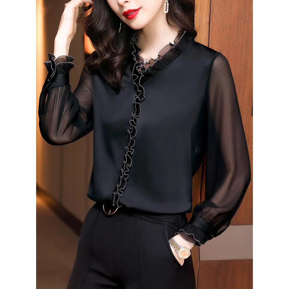 

Autumn Winter Women's Lace Ruffles Chiffon Shirts Office Lady Long Sleeve Pullovers Vintage Elegant Blouse Plus Size 4XL