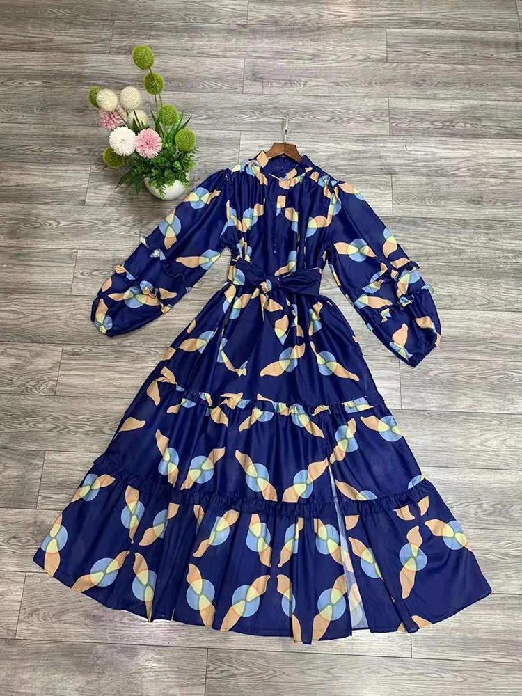 

Runway Fashion Women Autumn Dress New 2021 Long Lantern Sleeve Flower Print Ruffles Elegant Party Holiday Maxi Dress