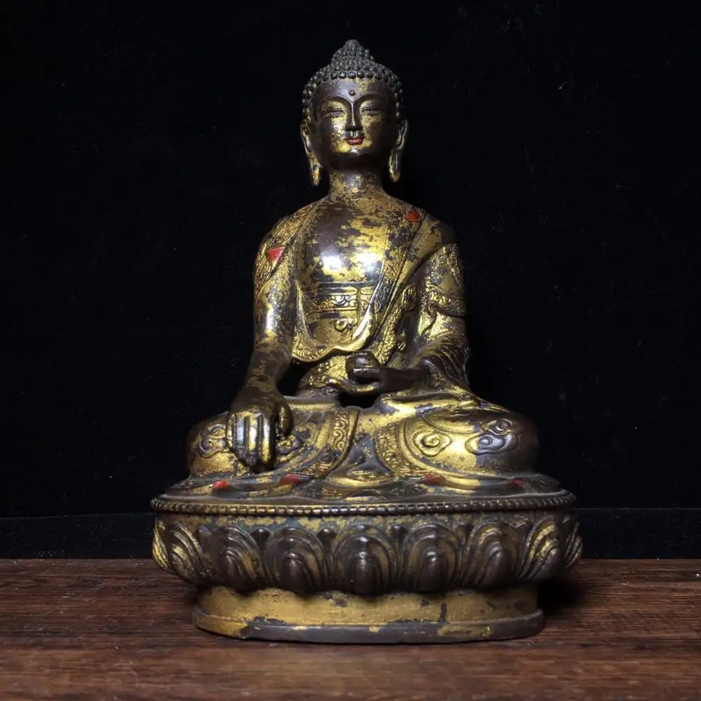 

8"Tibet Buddhism Temple Old Bronze Gilt Medicine Buddha Wear Dragon robes Sakyamuni Enshrine the Buddha