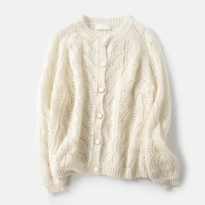 

New French Niche Mohair Knitted Button Cardigan Women's Hook Flower Hollow Loose Wool Coat Padded Top