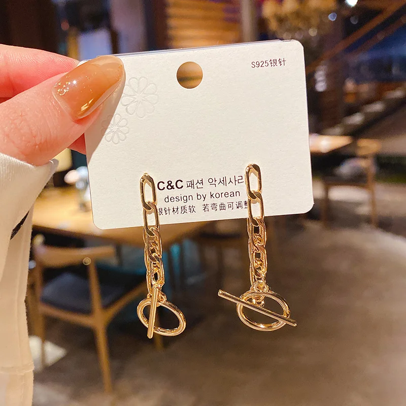

S925 silver needle Korean new personalized metal chain earrings women's circle long earrings geometric Earrings