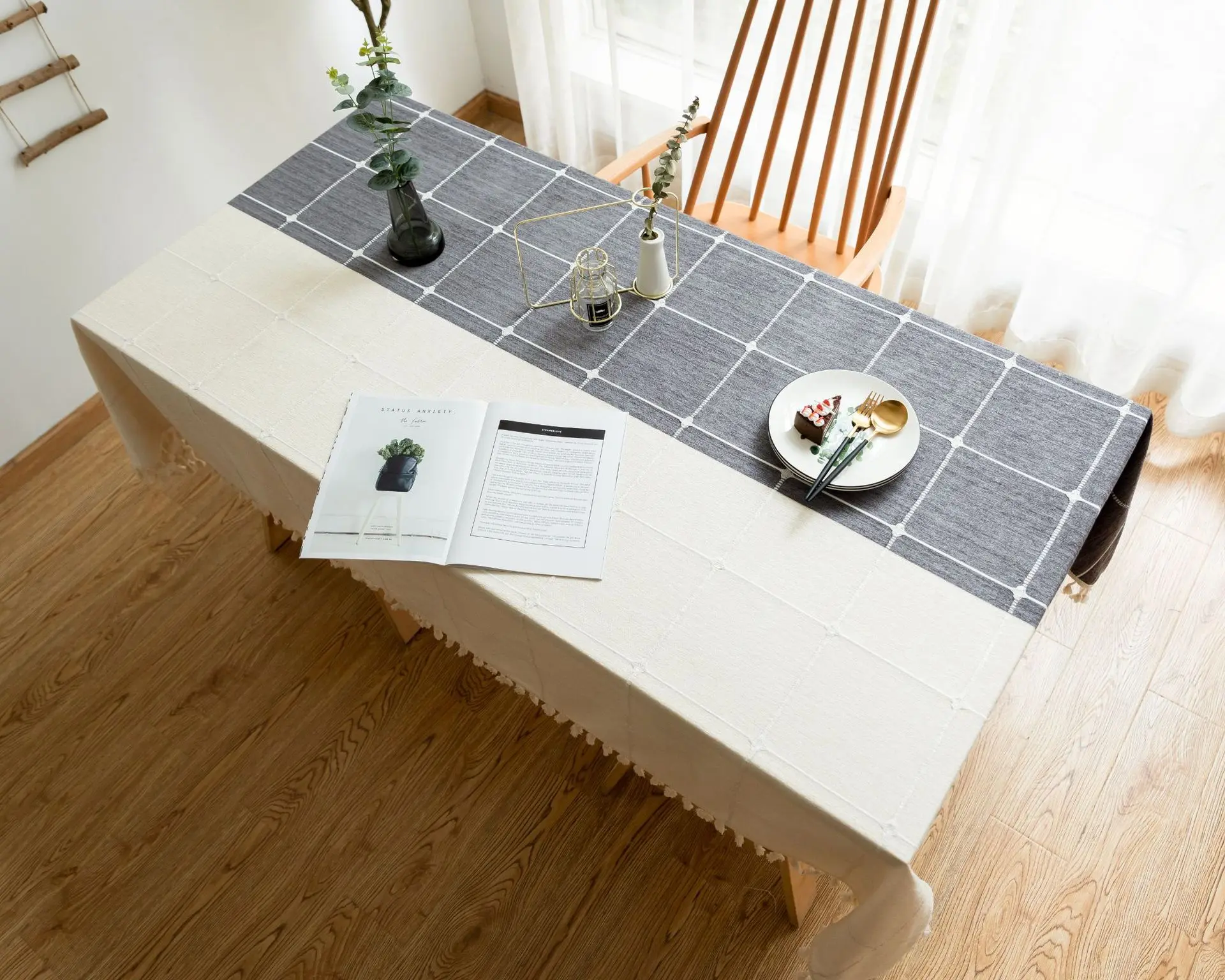 Plaid Two Tone Decorative Linen Tablecloth With Tassel Waterproof Oilproof Rectangular Wedding Dining Table Cover Table Cloth