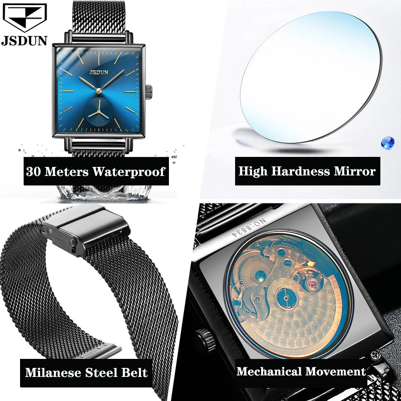 JSDUN Мужские механические часы с квадратным циферблатом модные для мужчин из