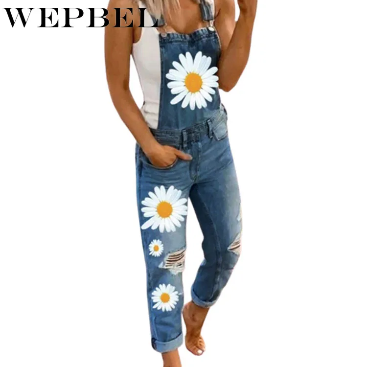

WEPBEL Autumn Fashion Flower Denim Strap Jumpsuit Women's Casual Loose Daisy Ripped Pocket Denim Jumpsuit