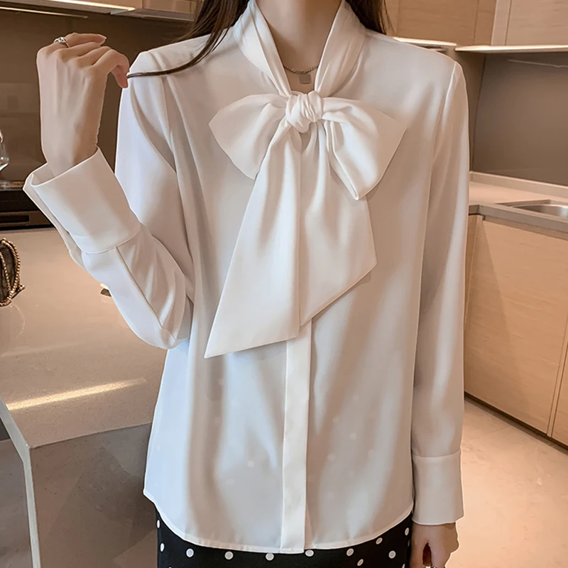 H Han Queen Spring Autumn Simple Office Lady Blouse Female Shirt Bow Tops Long Sleeve Casual Korean OL Style Loose Blouses Women images - 6