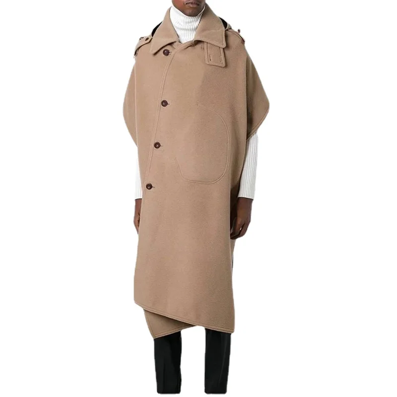 

S-4XL Ultra Long Black Khaki Winter Men's Woolen Coat Woolen Coat Personality Fashion Lapel Sleeveless Men Wool Coats Long Over