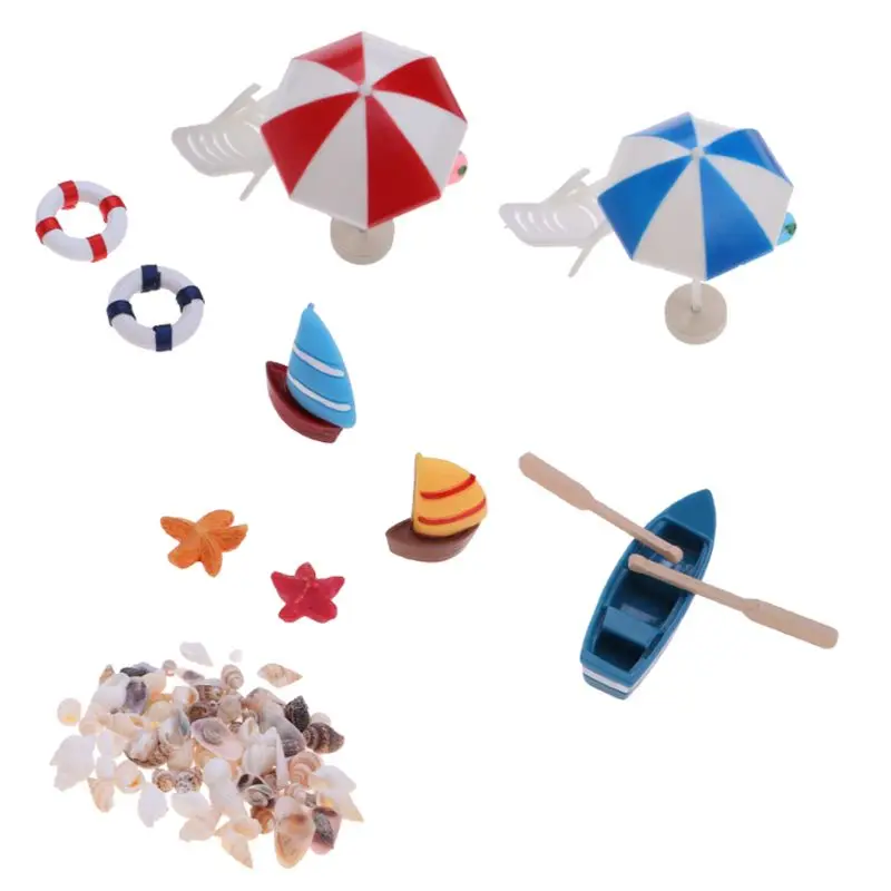 

Beach Sun Umbrella Boat Shell Kits Miniature Landscape Fairy 1/12 Dollhouse Garden Figurine Miniature Ornament Decor C5AF