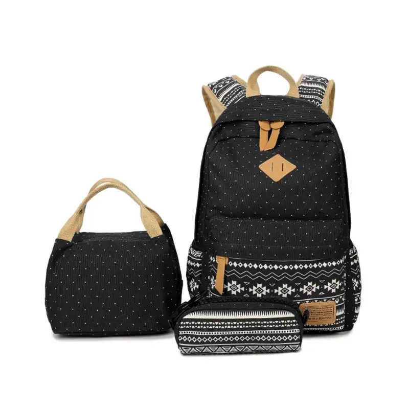 

M68C 3pcs School Backpack Canvas Laptop Daypack Schoolbag Bookbag Lunch Bag Purse Set for Teenage Girls