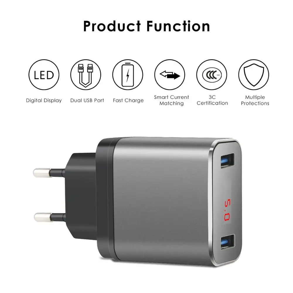 Зарядное устройство сетевое с двумя USB портами и светодиодным дисплеем 5 В 2 4 А| |