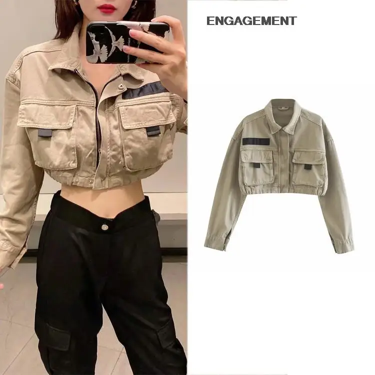 

ENGAGEMENT Za 2021 Trafaluc Street fashion man-made denim jacket stitching pocket decoration short cardigan top
