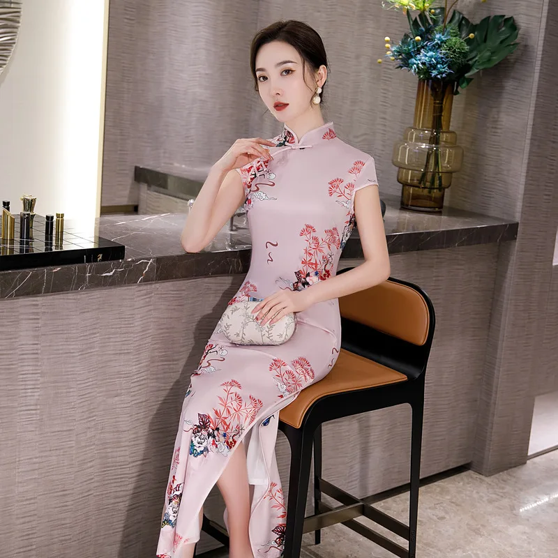 Spring 2020 Silk Imitation Show Cheongsam Long Style Double Layer Improved Qipao Daily Temperament Fashion Evening Dress | Тематическая