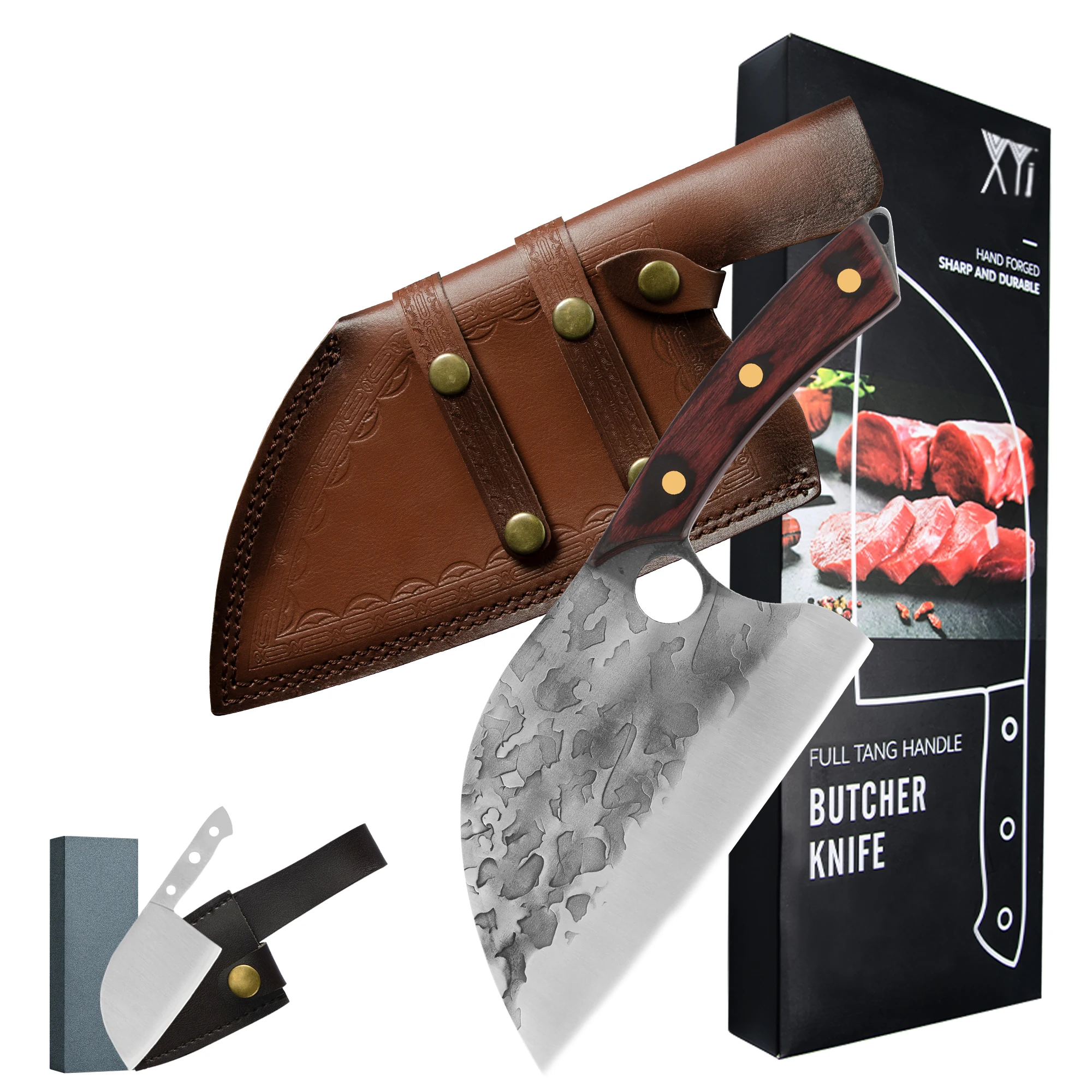 

XYJ 7-дюймовый нож мясника с кожаным футляром, мини-нож, точильный камень, мощные большие ножи из нержавеющей стали для нарезания мясника