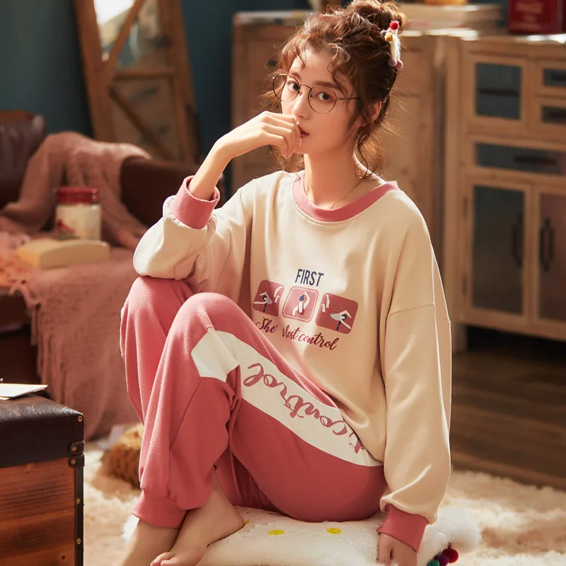 

Women Cartoon Print Pjs Pajamas Home Clothes Round Neck Long Sleeve Top Long Pant Set Pijama Mujer Autumn Winter Cotton Pyjamas
