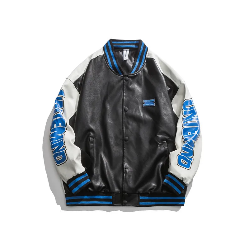 

2021 Men's Fashion PU Leather Patchwork Jackets Letters Printed Baseball Coat for Male