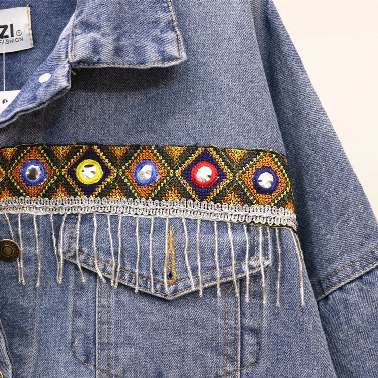 Женская джинсовая куртка Осеннее винтажное Свободное пальто в этническом стиле