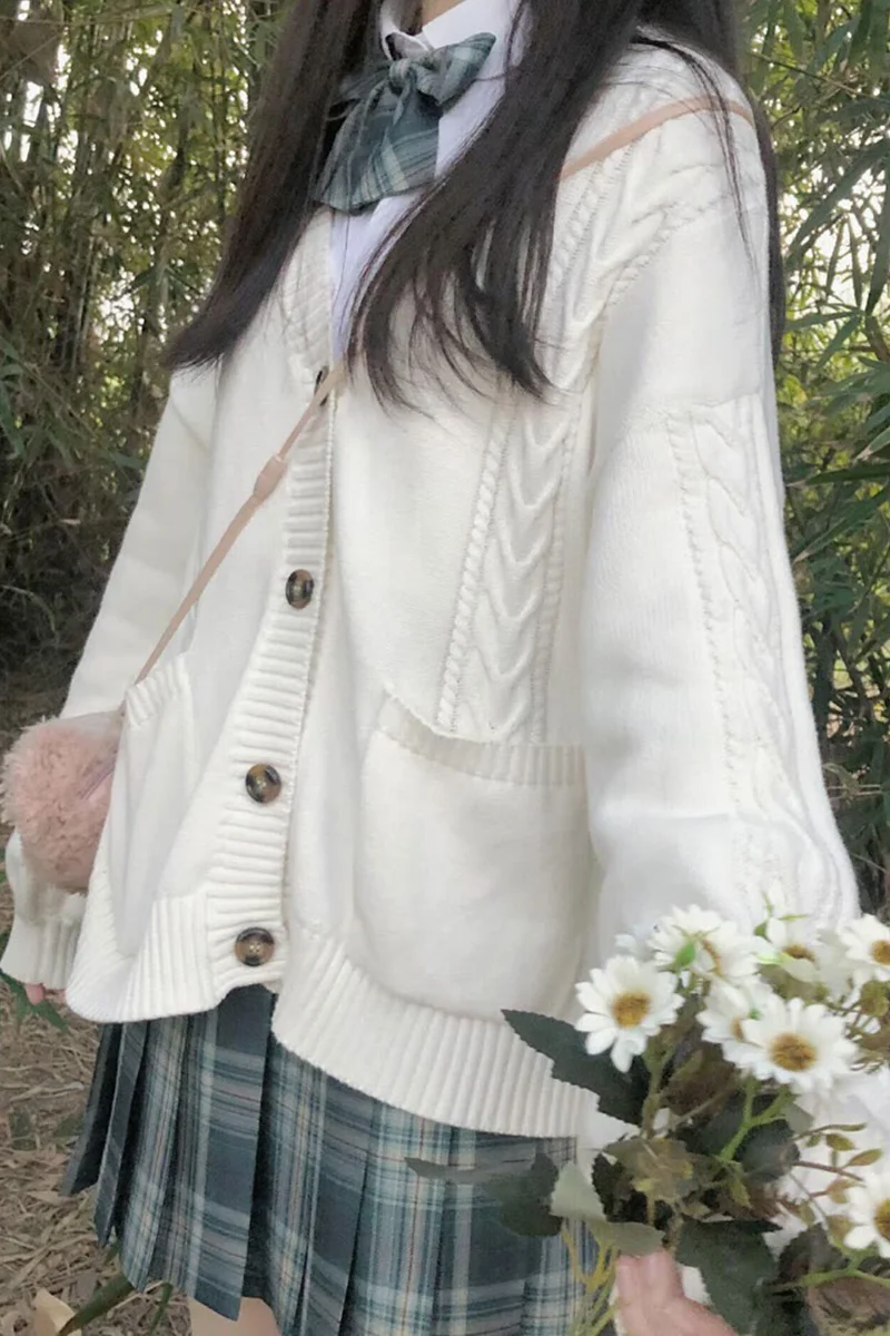 

JK Uniforms Sweater Loose Linen Flower Color Knitted Cardigan Women JK Sweater Coat japanese school uniform sweaters