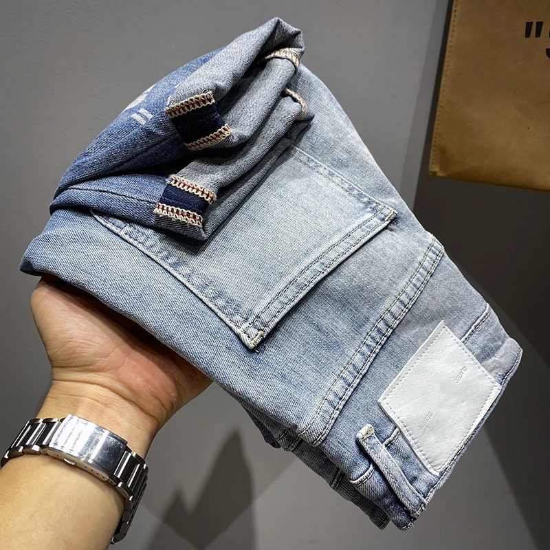 Мужские облегающие джинсы синие эластичные бриджи в стиле High Street модные