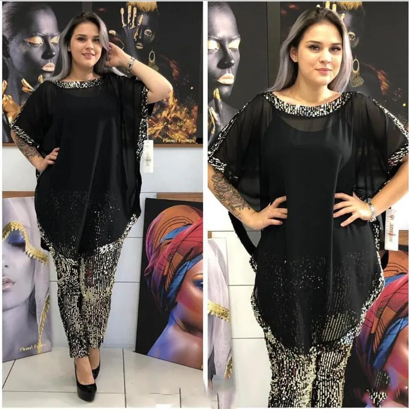 

African Dresses for Women Two Piece Pants Set Dashiki Sequined Top Pants African Clothes Fashion Robe Africaine Femme