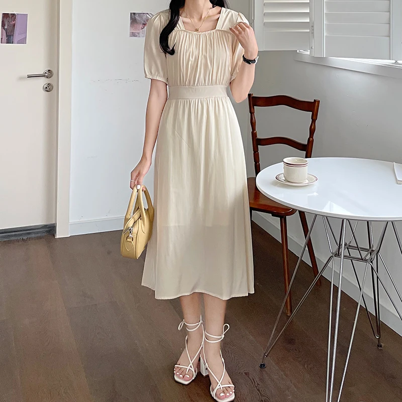 

COIGARSAM Vintage Solid Women dress Belt Dresses 8496