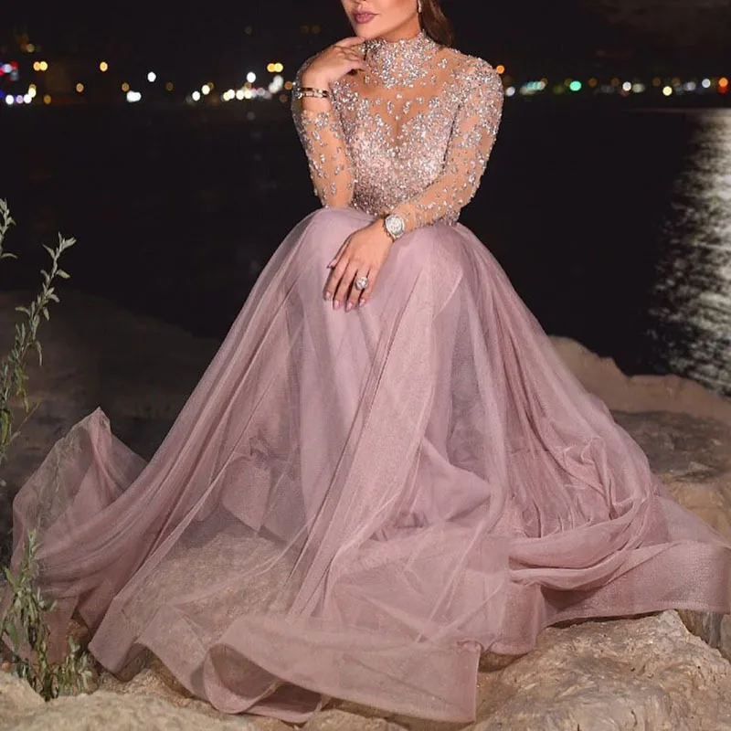 

2021 Luxury Sparkle Illusion Rhinestone Arabic Dubai Evening Dresses Full Sleeves Beaded Crystal Prom Party Gowns Formal Dress