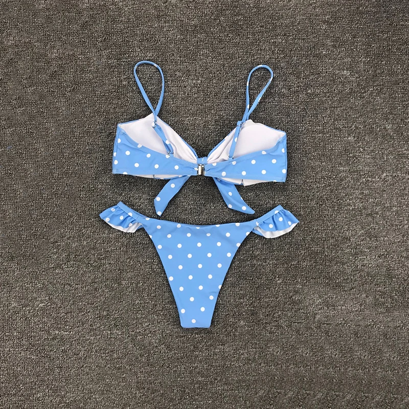 Сексуальное бикини в синий горошек с бантиком монокини бандаж микро бразильский
