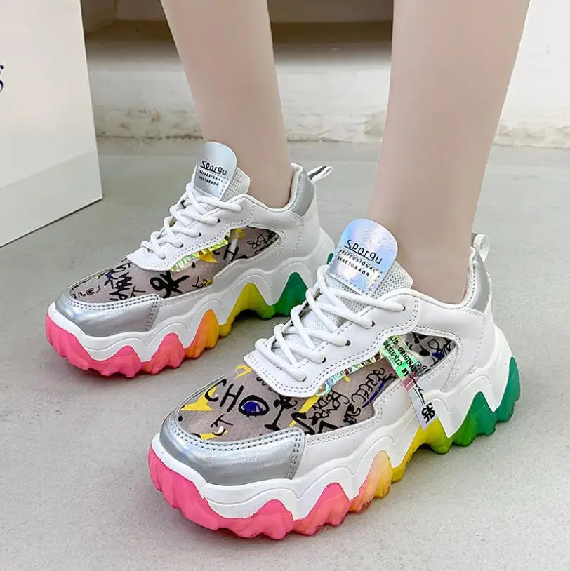 

Rainbow Bottom Women's Platform Sneakers 2021 Fashion PU Leather Chunky Women Shoes Trainers Ladies Footwear Zapatillas Mujer