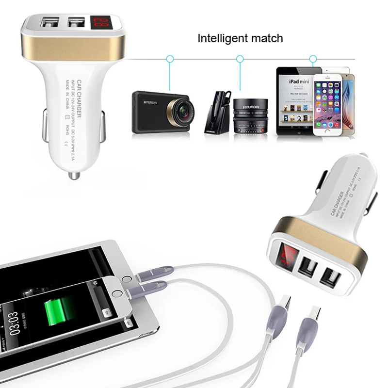 2 зарядных порта USB для автомобиля Зарядное устройство 5V 2.1A с светодиодный Экран