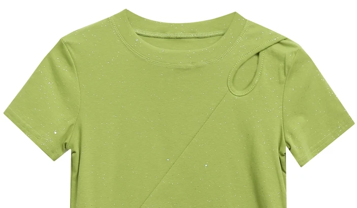 

Summer Korean Style T-shirt Solid Fashion O-Neck Sexy Hollow Out Shiny Women Tops Ropa Mujer Casual Cotton Lace Up Tees T08204L