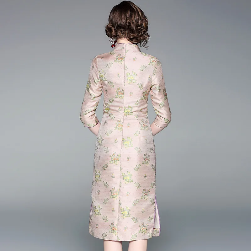 Новинка осени 2019 китайский стиль платье чонсам рукав до локтя цветочный узор