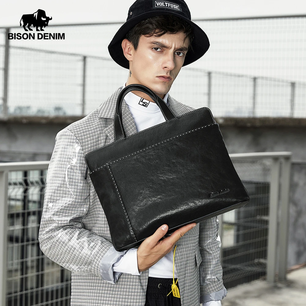 Мужская сумка BISON DENIM из натуральной кожи 14 дюймов для ноутбука высокое качество